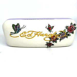 Ed Hardy Eyewear Glasses Sunglasses Case Clam Shell Embroidery butterflys Roses